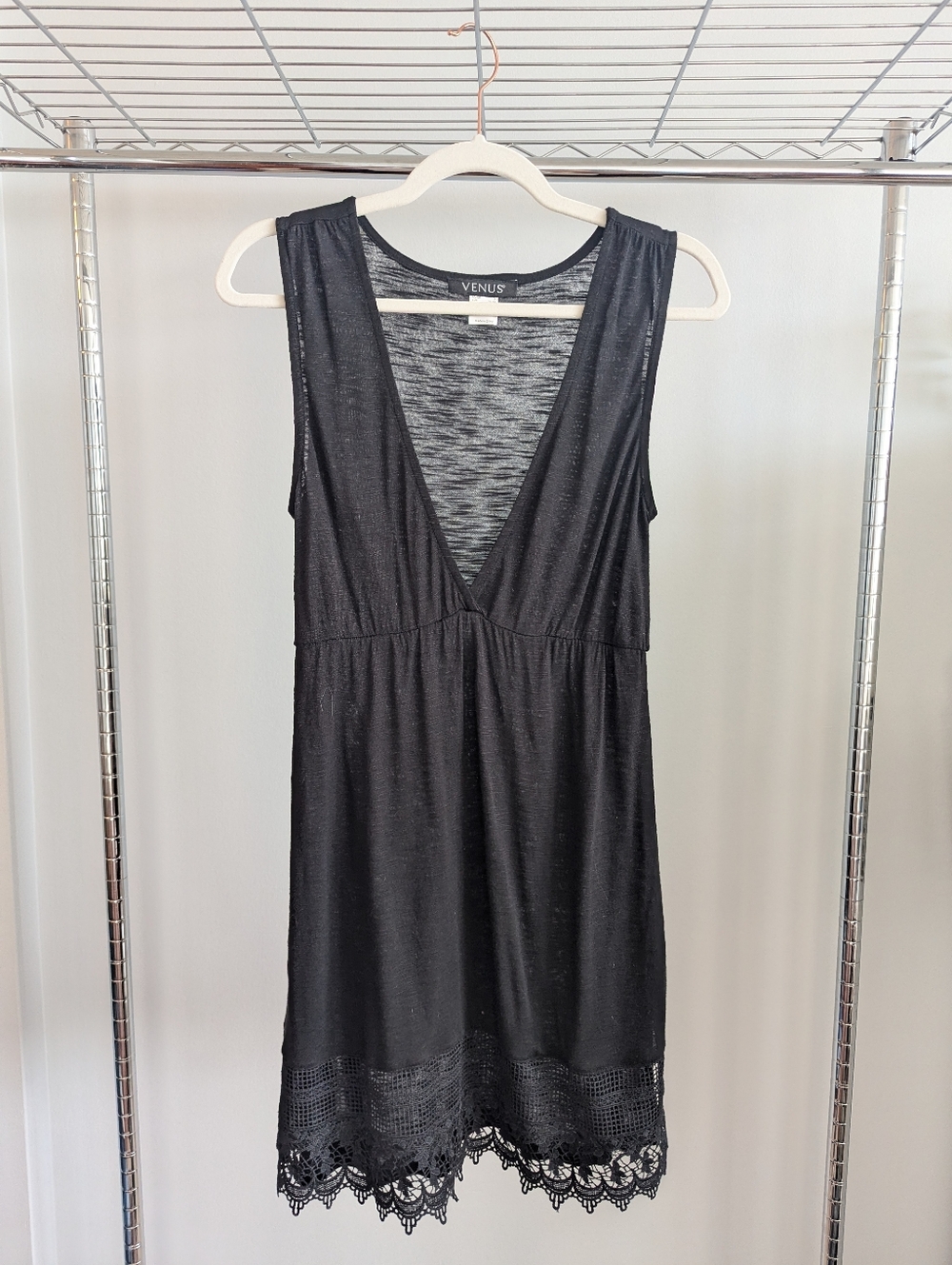 VENUS Black V-Neck Sleeveless Beach Coverup / Dress with Crochet Hem